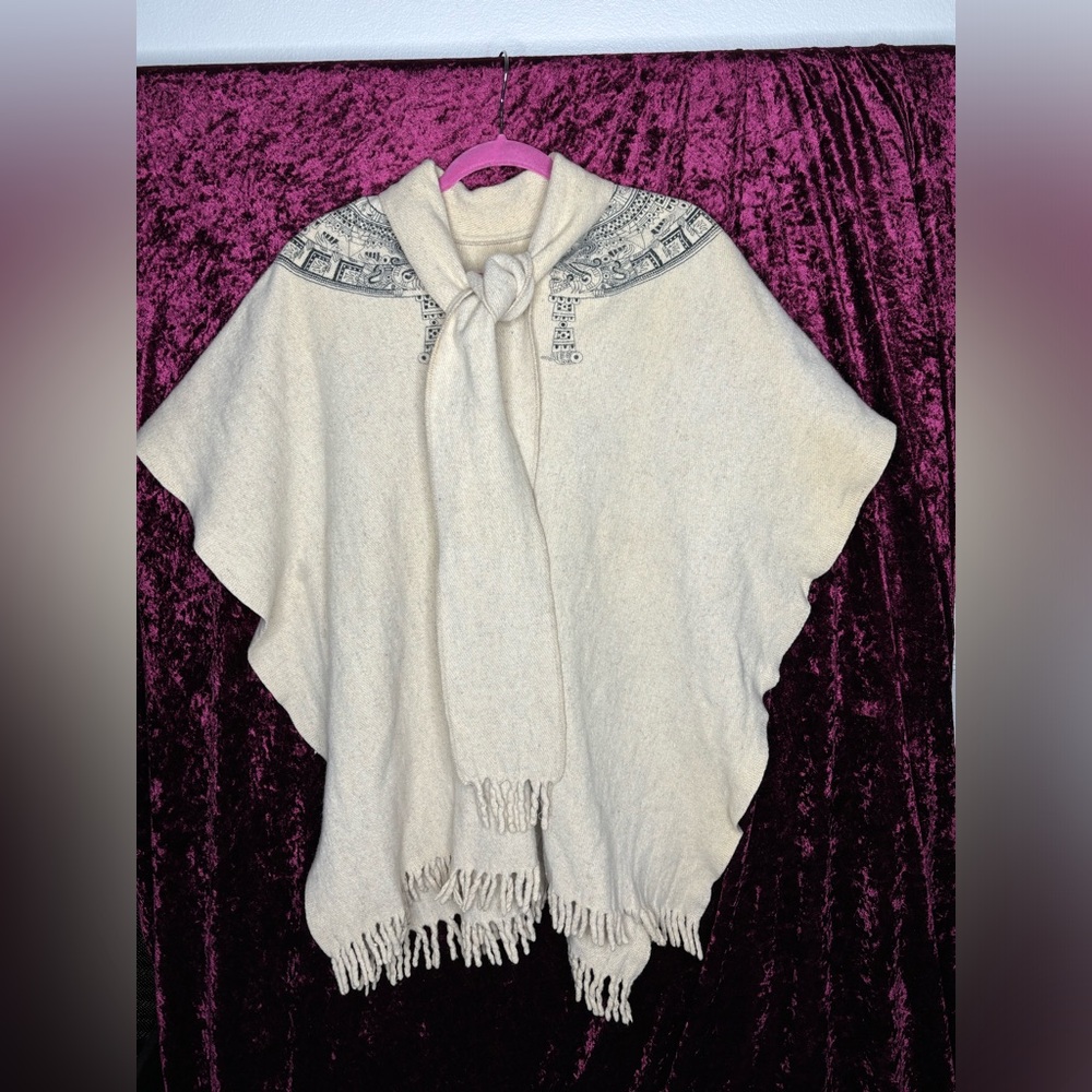 Vintage 70s Mayan Calendar Winter Cape Cozy Rustic Poncho Boho Fringe Shawl